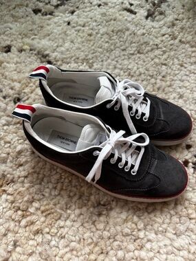 Thom Browne dark grey Suede Low-Top Sneakers with Tricolor Heel Tab